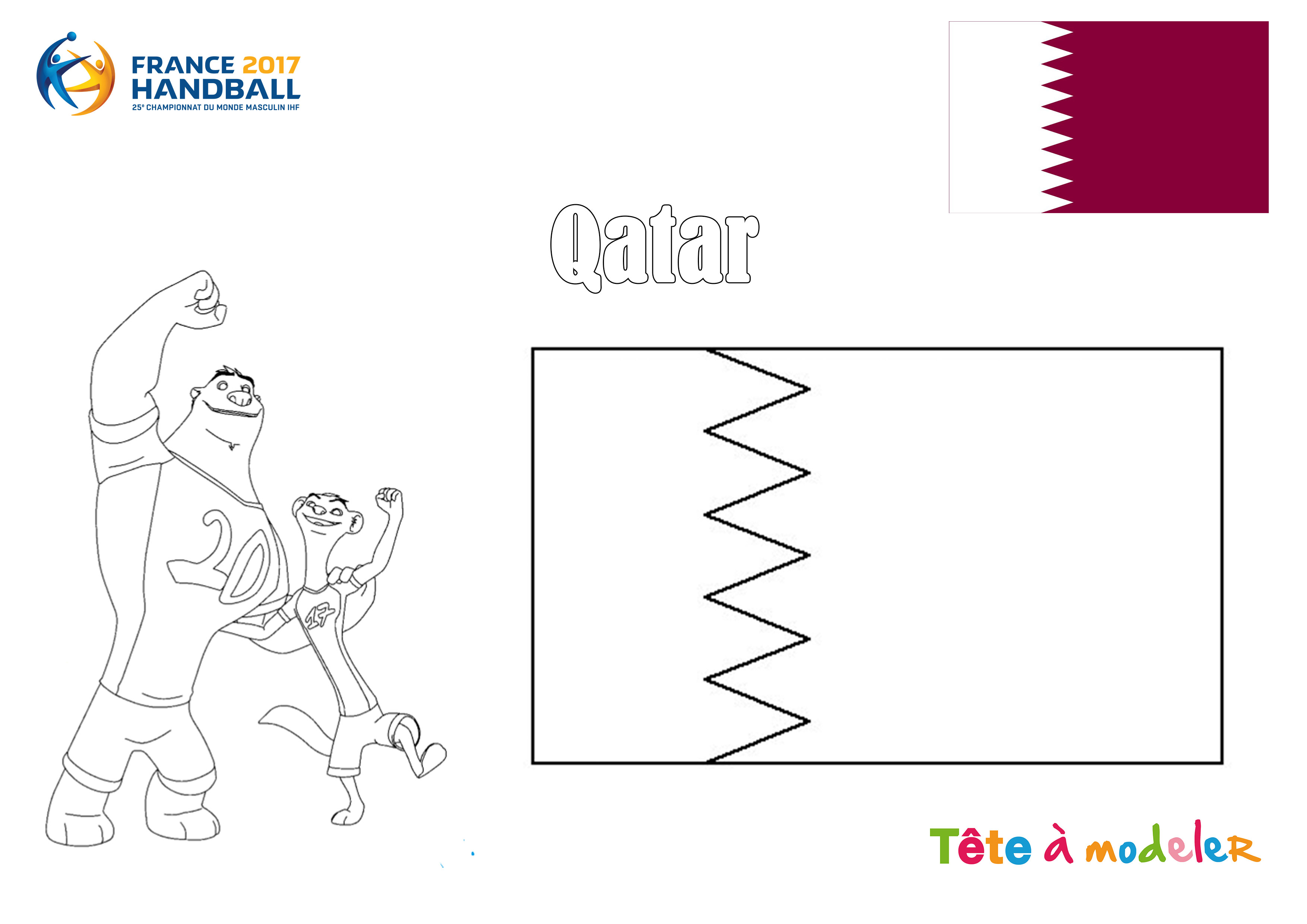 Un dessin   imprimer et   colorier du drapeau du Qatar et des mascottes du Handball