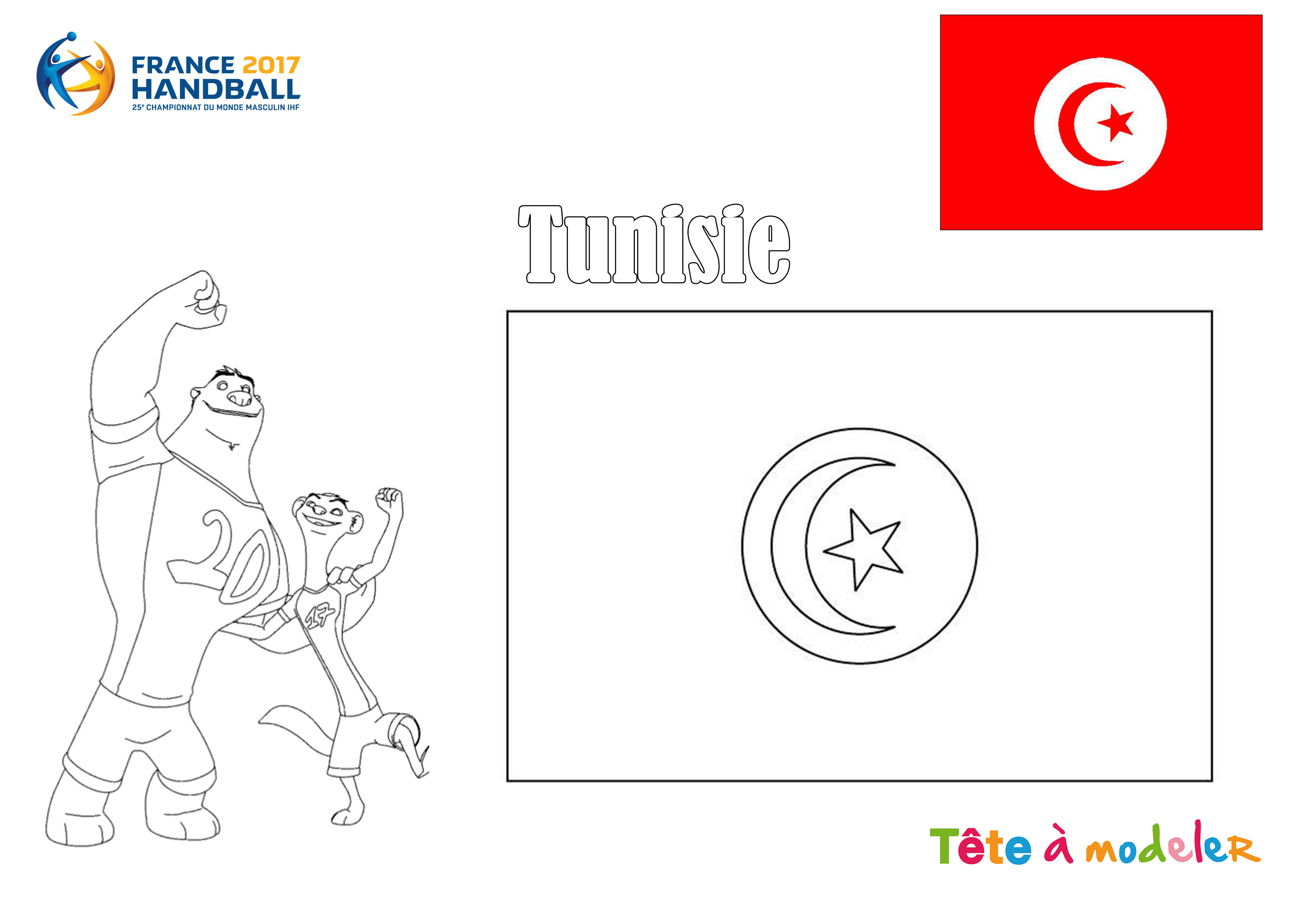 Un dessin   imprimer et   colorier du drapeau de Tunisie et des mascottes du Handball