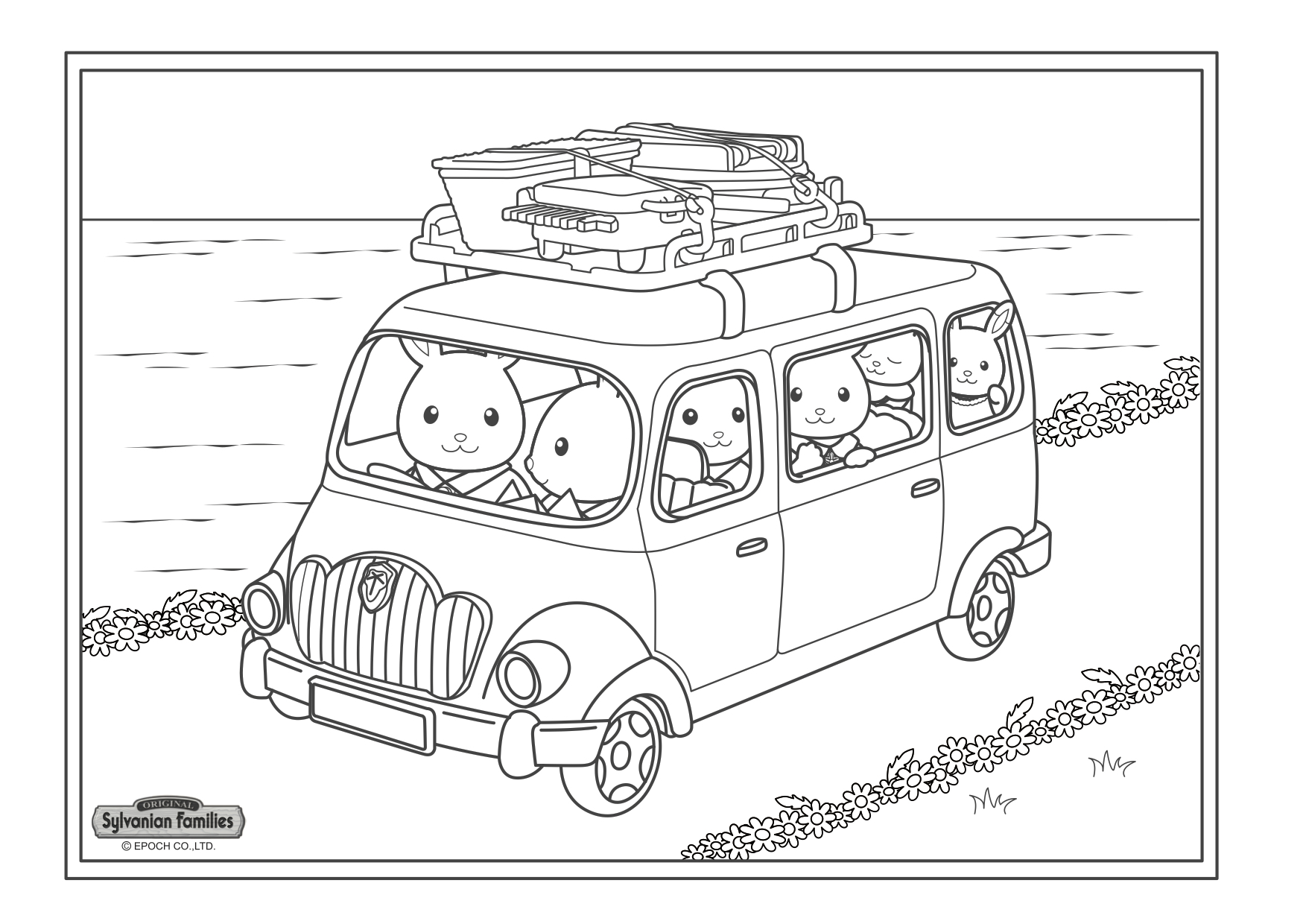 Un dessin   imprimer de la famille lapin arrivant sur son lieu de vacances