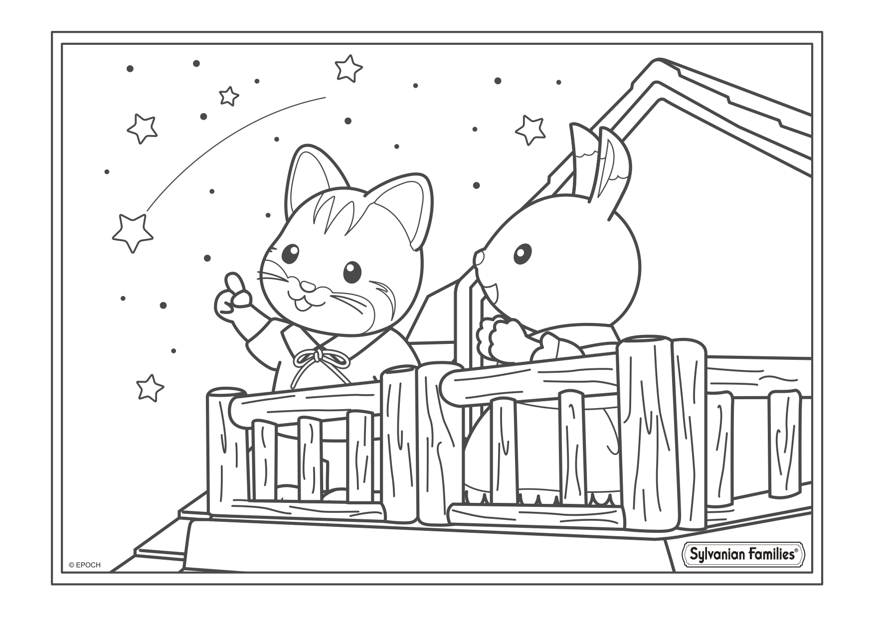 Un dessin   imprimer de la fille lapin et la fille chat sous les étoiles