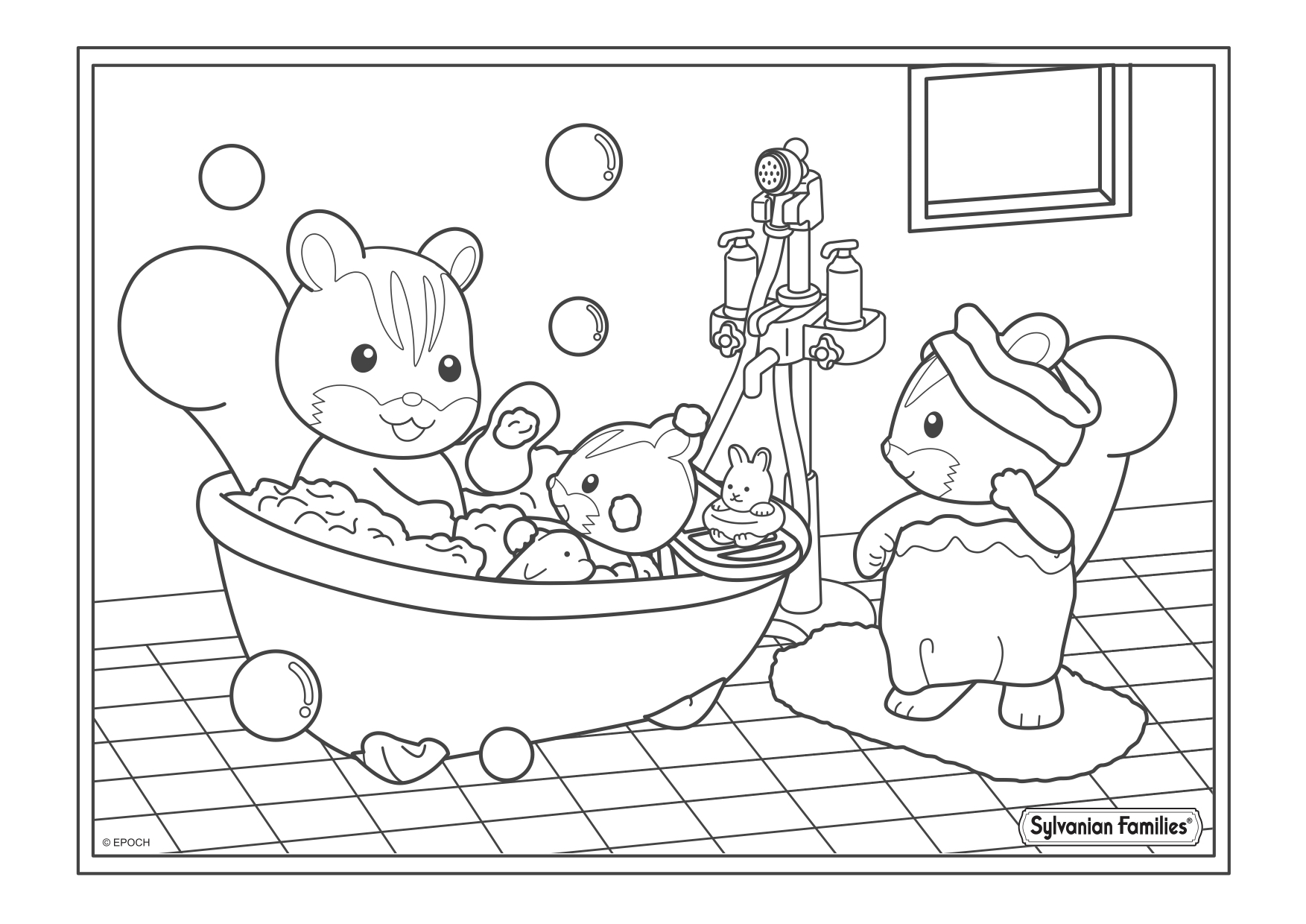 Un dessin   imprimer de la famille écureuil qui prend son bain