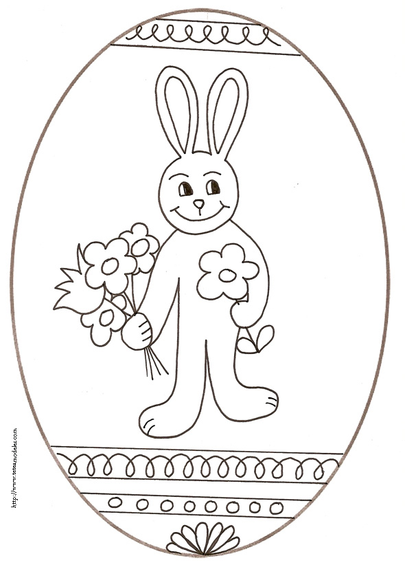 coloriage d'un oeuf de Pâques médaillon : lapin aux fleurs