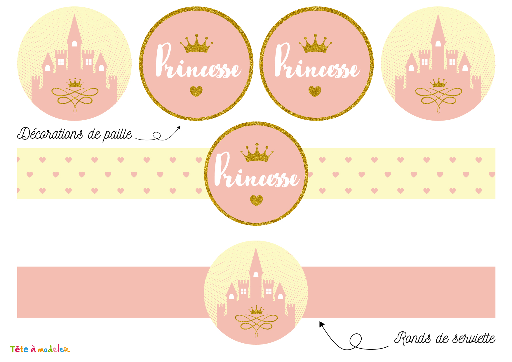 Kit Anniversaire Princesse Rose A Imprimer 2 Fanions Et Cake Toppers Avec Tete A Modeler