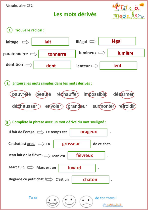 Exercices de vocabulaire CE2 - Français CE2 - Les mots dérivés - Tête à modeler