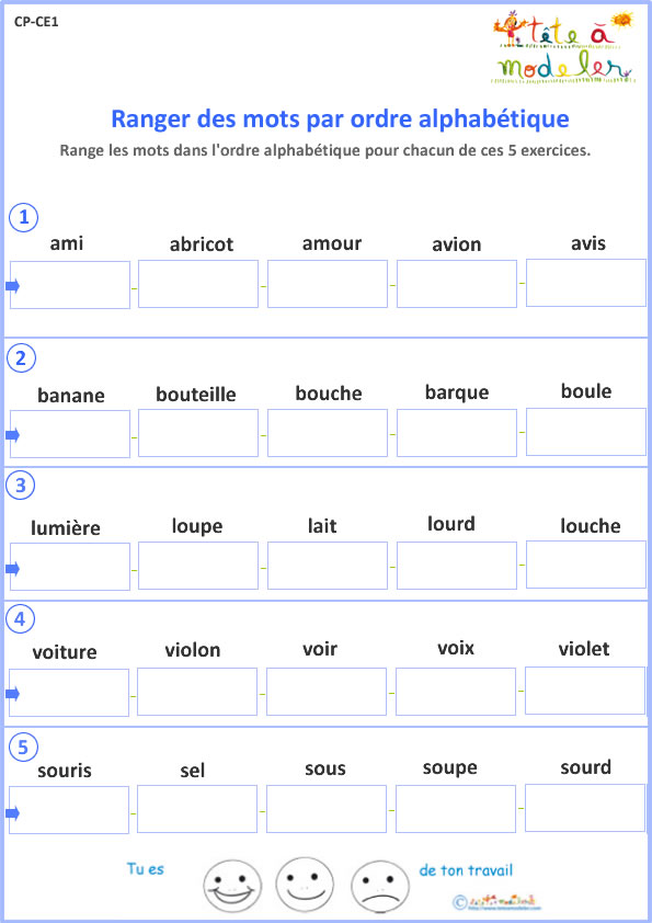 Exercice vocabulaire CE1 classement alphabétique Tête à ...
