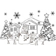 Coloriage du chalet de Noël avec bonshommes de neige, sapins et rennes dessin 24